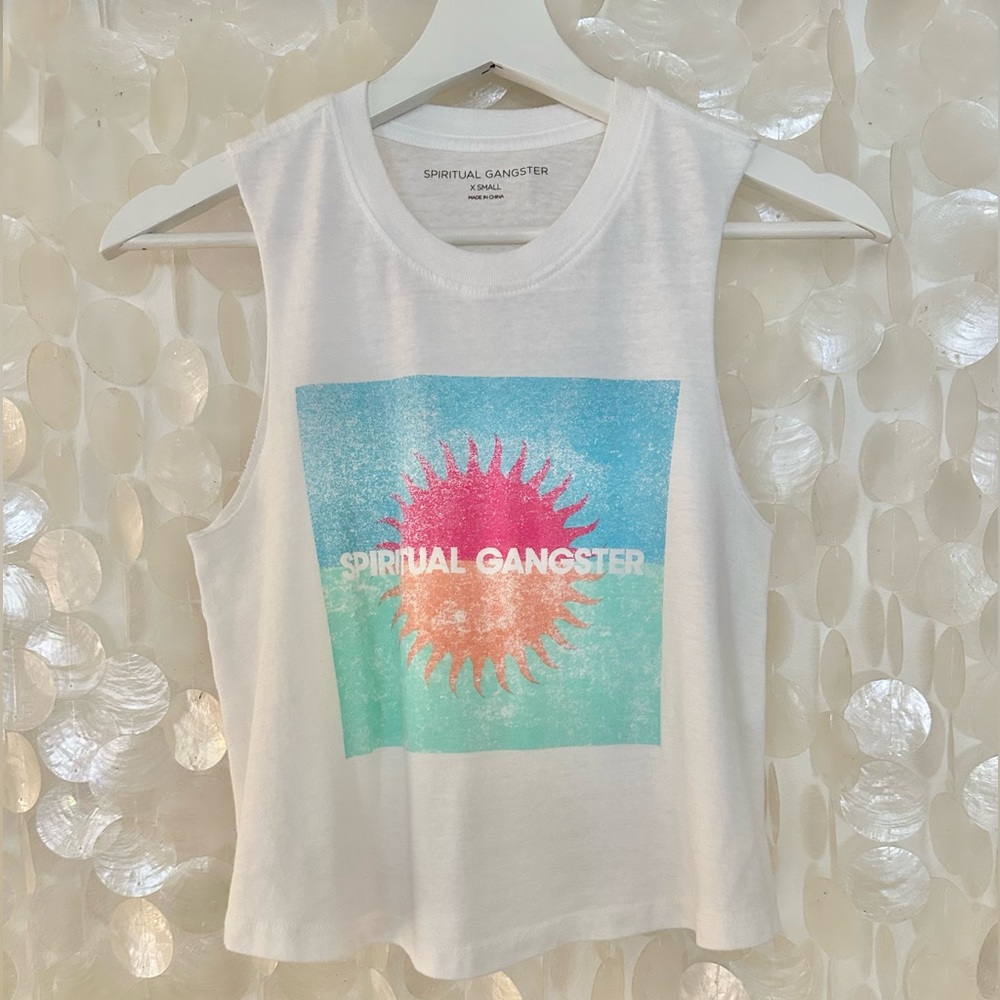 Spiritual Gangster 🤍🩵🩷 White Crop Muscle Tank colorful sun graphic ☀️ Women’s XS